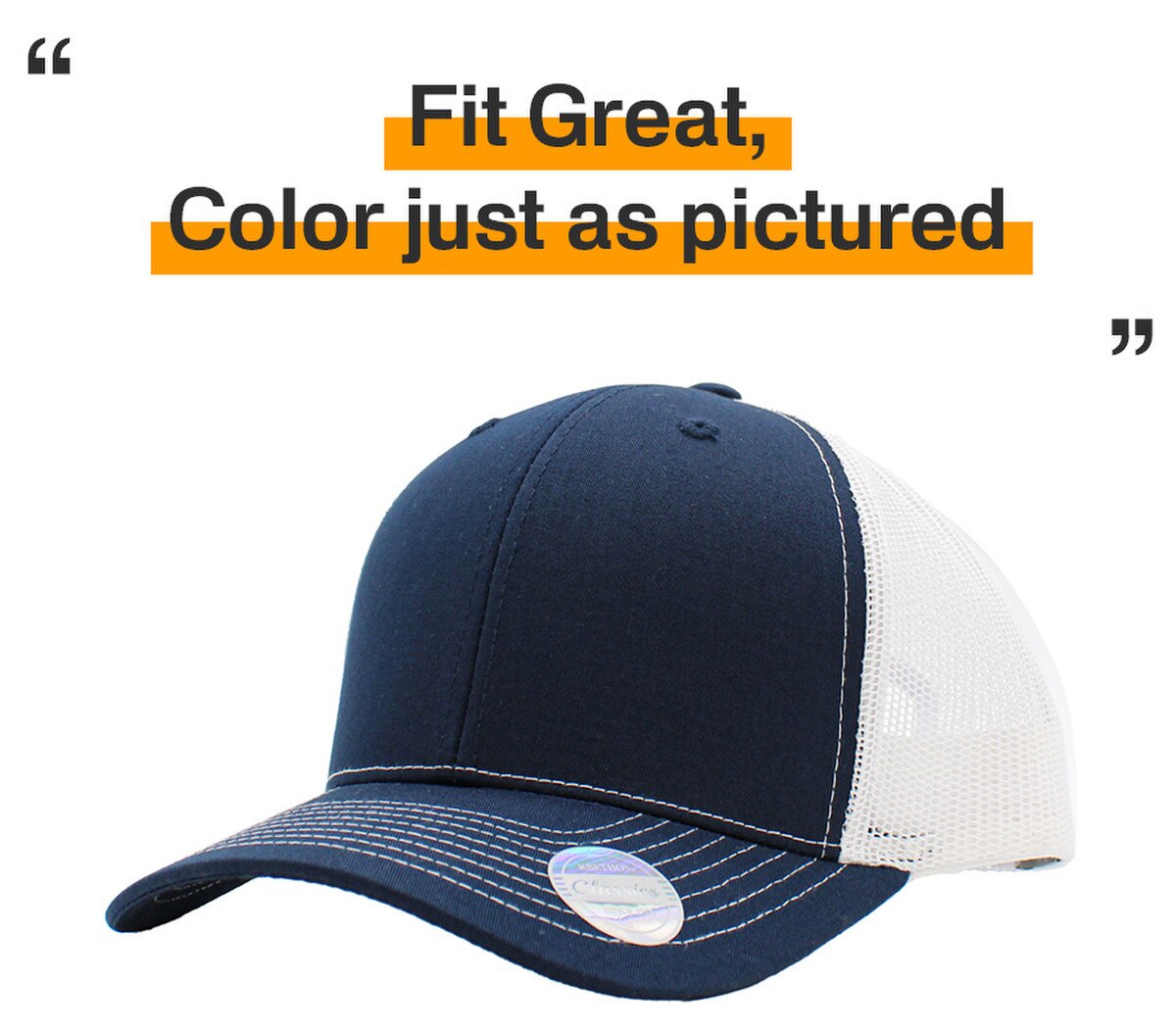 Navy Blue White Two Tone Classic 6 Panel Trucker Mesh Snapback Side View Fit Great